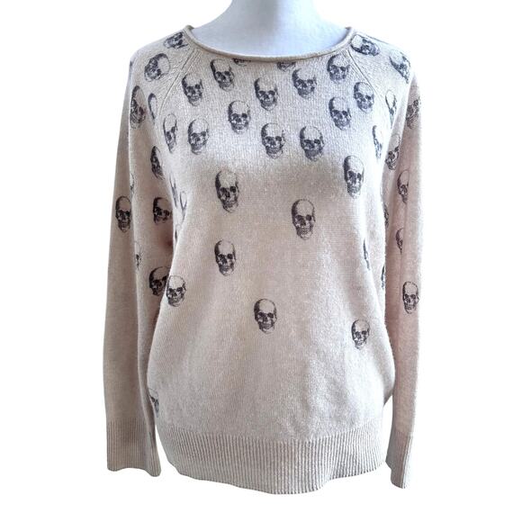 Skull Cashmere Sweater Small Pink Beige Skull Graphic 100% Cashmere Pullover - Picture 2 of 9